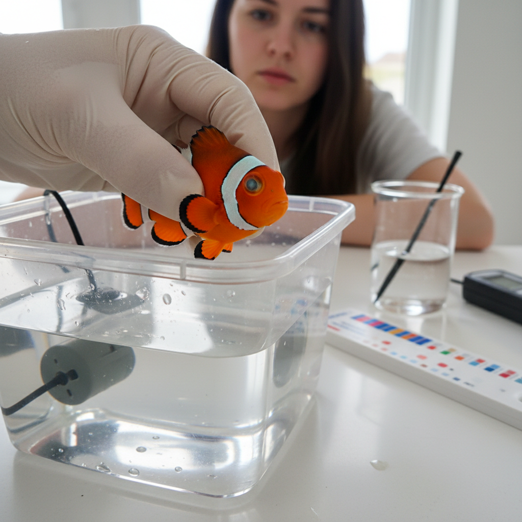 A person gently holds a small fish in a net, carefully inspecting its eye for signs of pop-eye.