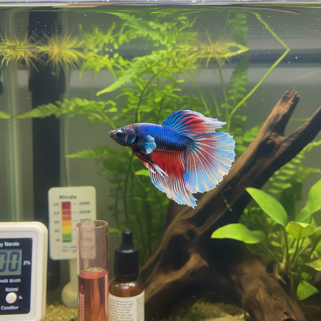 A healthy, vibrant freshwater fish swimming in a clean aquarium, illustrating ideal conditions to prevent fin issues.