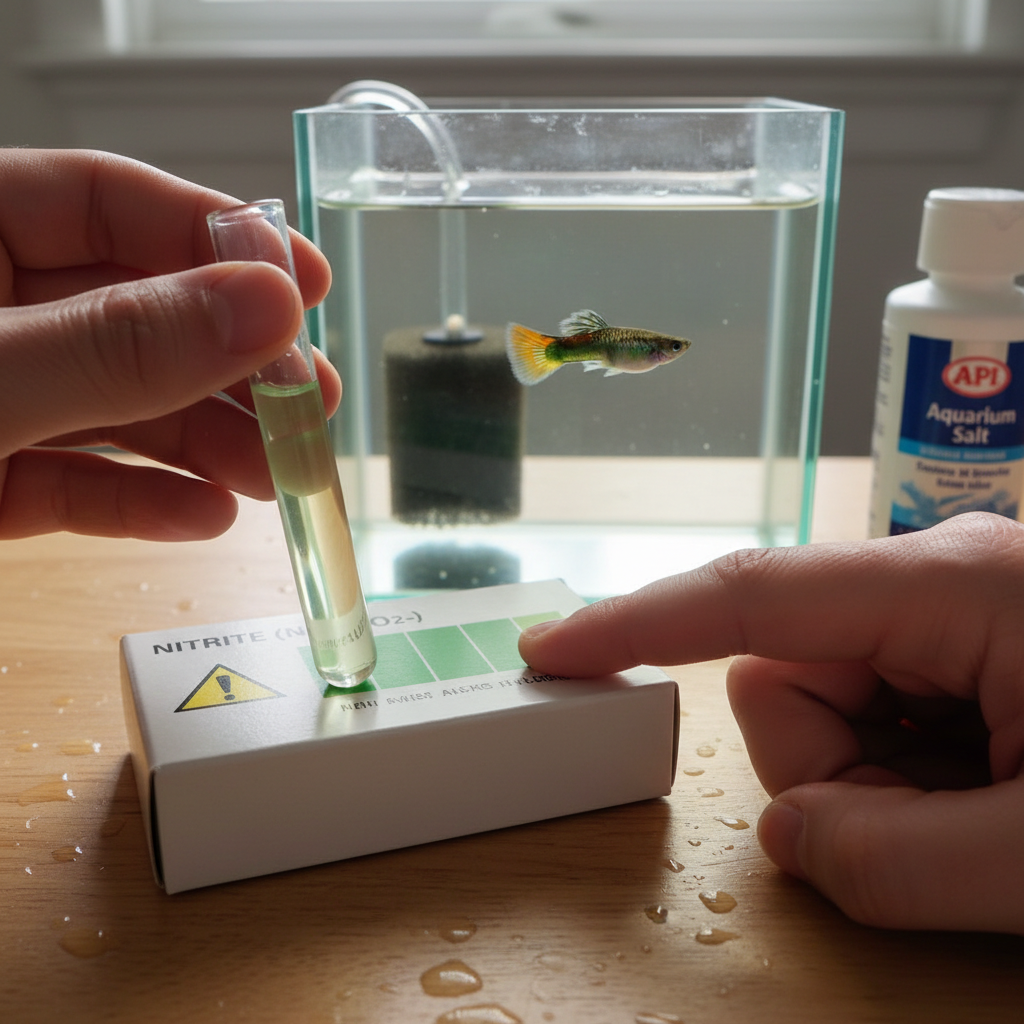 A person's hand holding a water testing kit near an aquarium, checking water parameters for fish health.