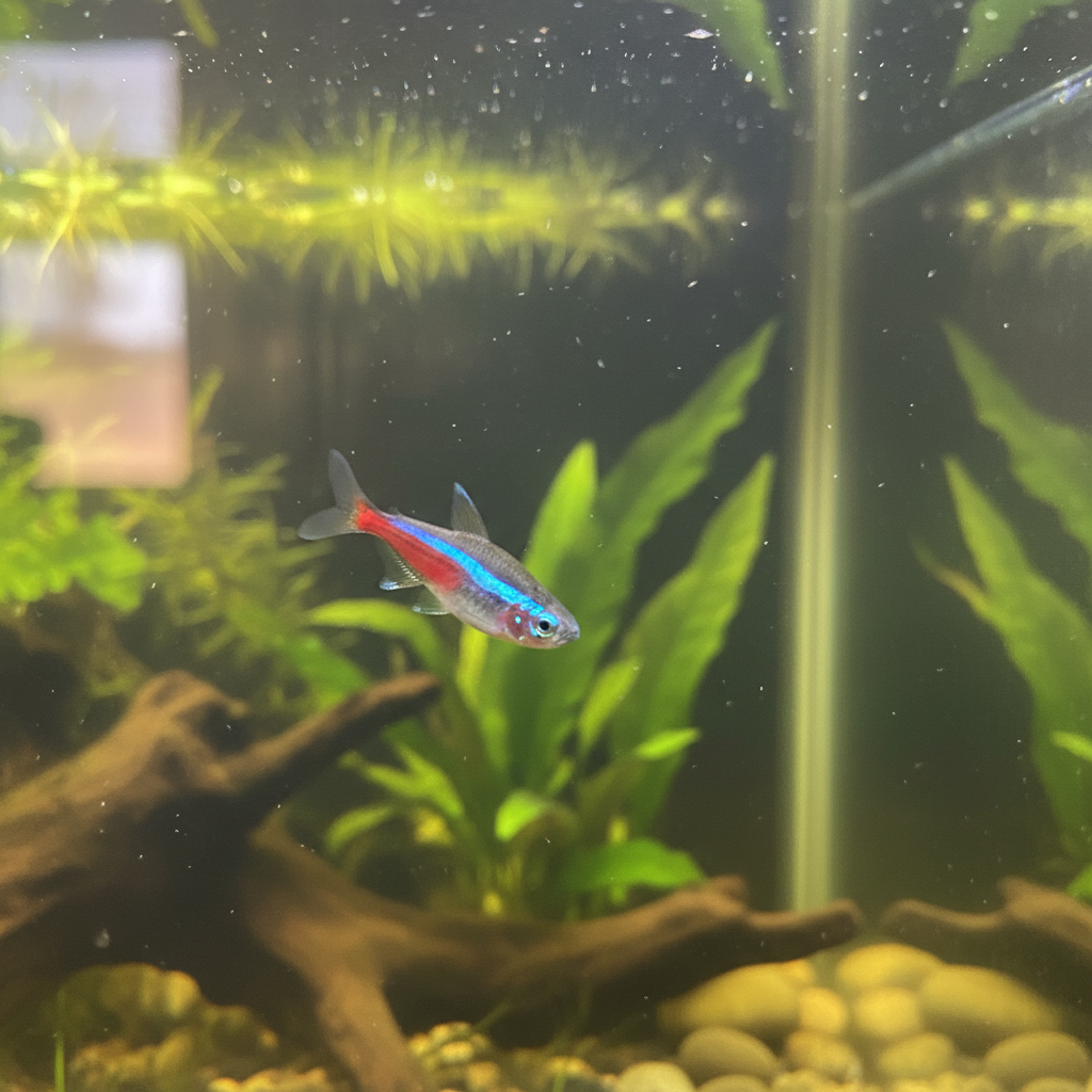 A neon tetra fish darting erratically in a planted aquarium, showing blurred movement.