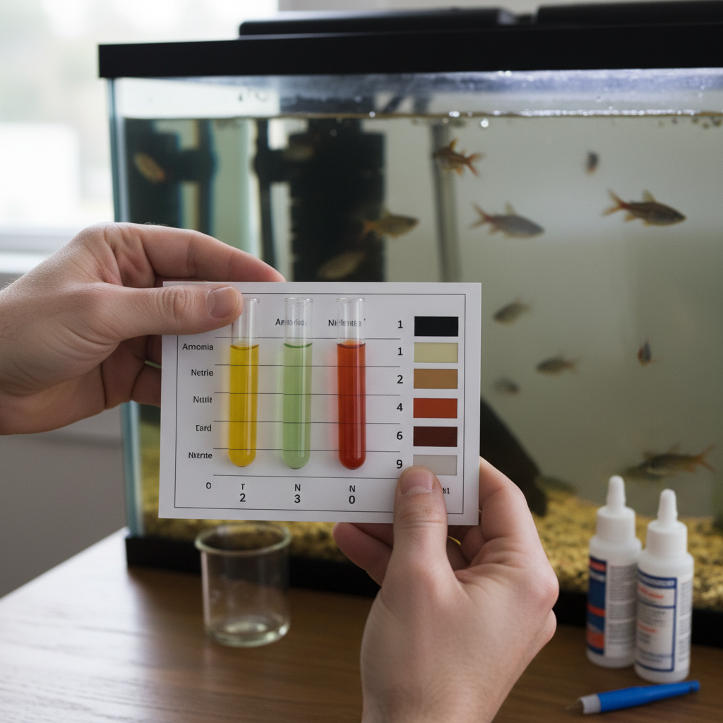 An aquarist performing a liquid water test with a test kit, showing vials and a color chart.