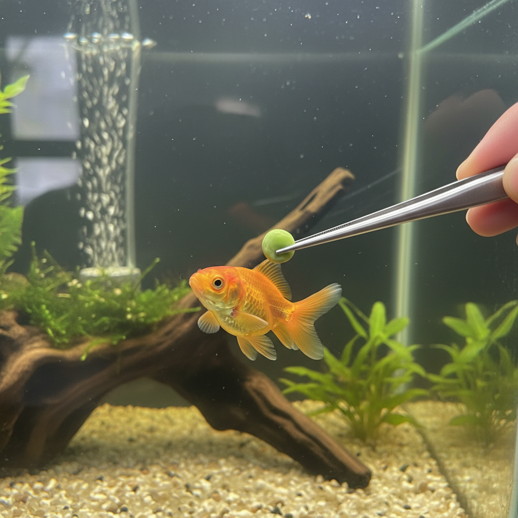 Hand holding tweezers with a small piece of blanched pea, offering it to a fish in an aquarium.