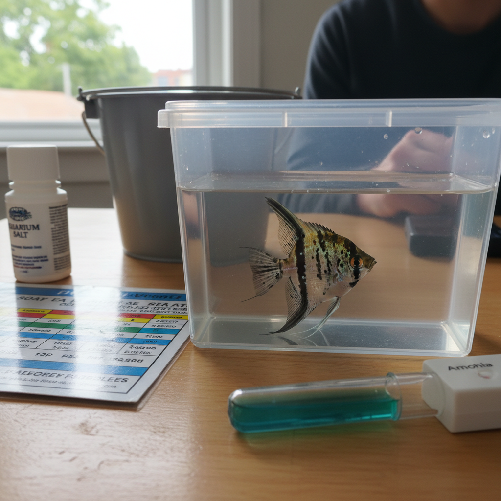 Close-up of a hand gently holding a small fish net over a quarantine tank, observing a fish with white spots.