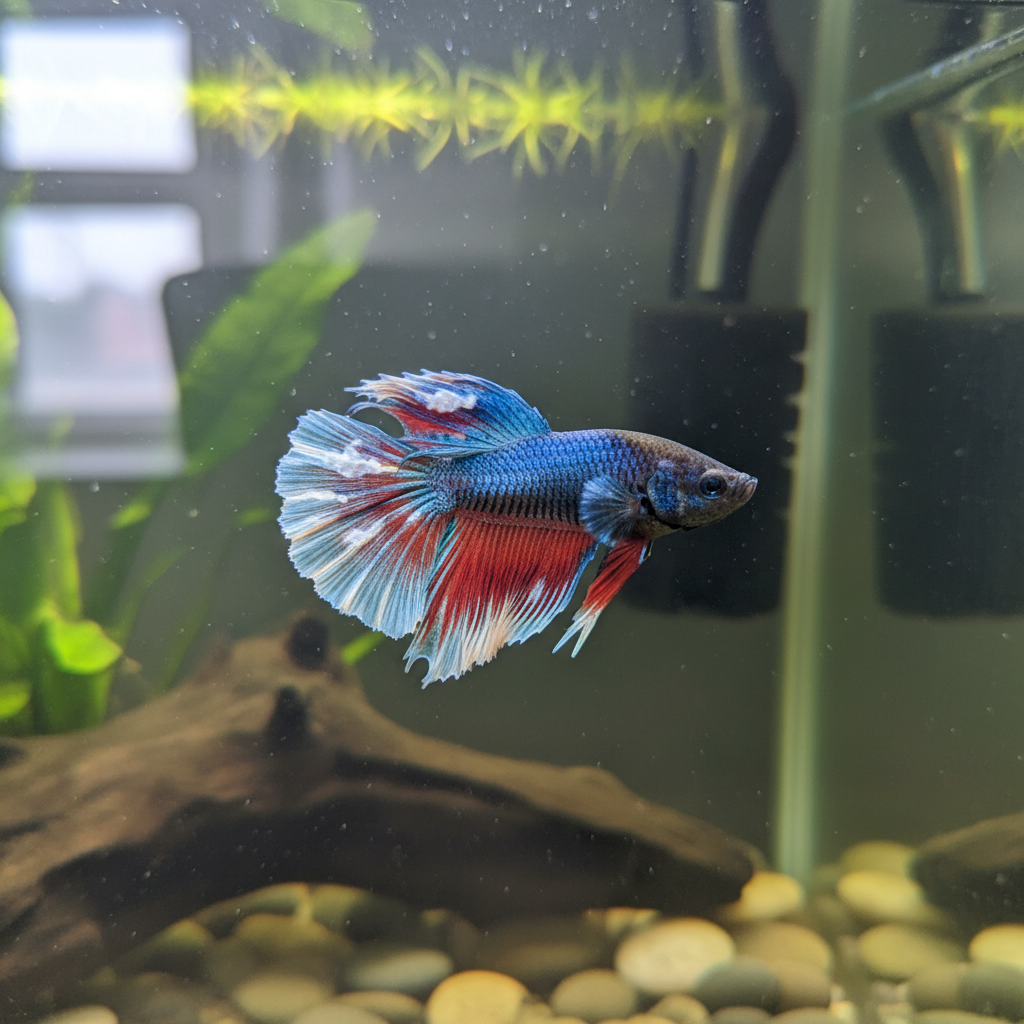 Betta fish with white cotton-like fungal growth on its fins