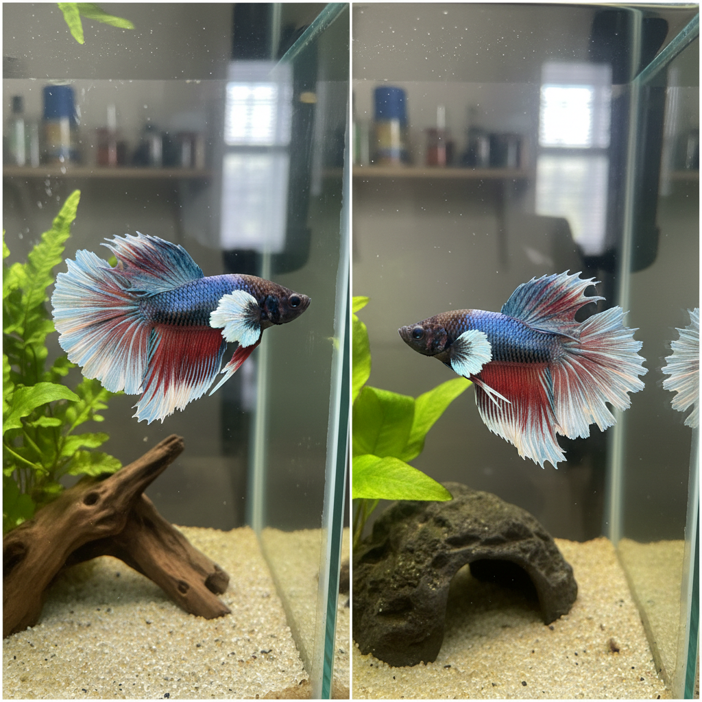 Comparison of betta fish fungal infection (cottony) and bacterial infection (frayed fins)