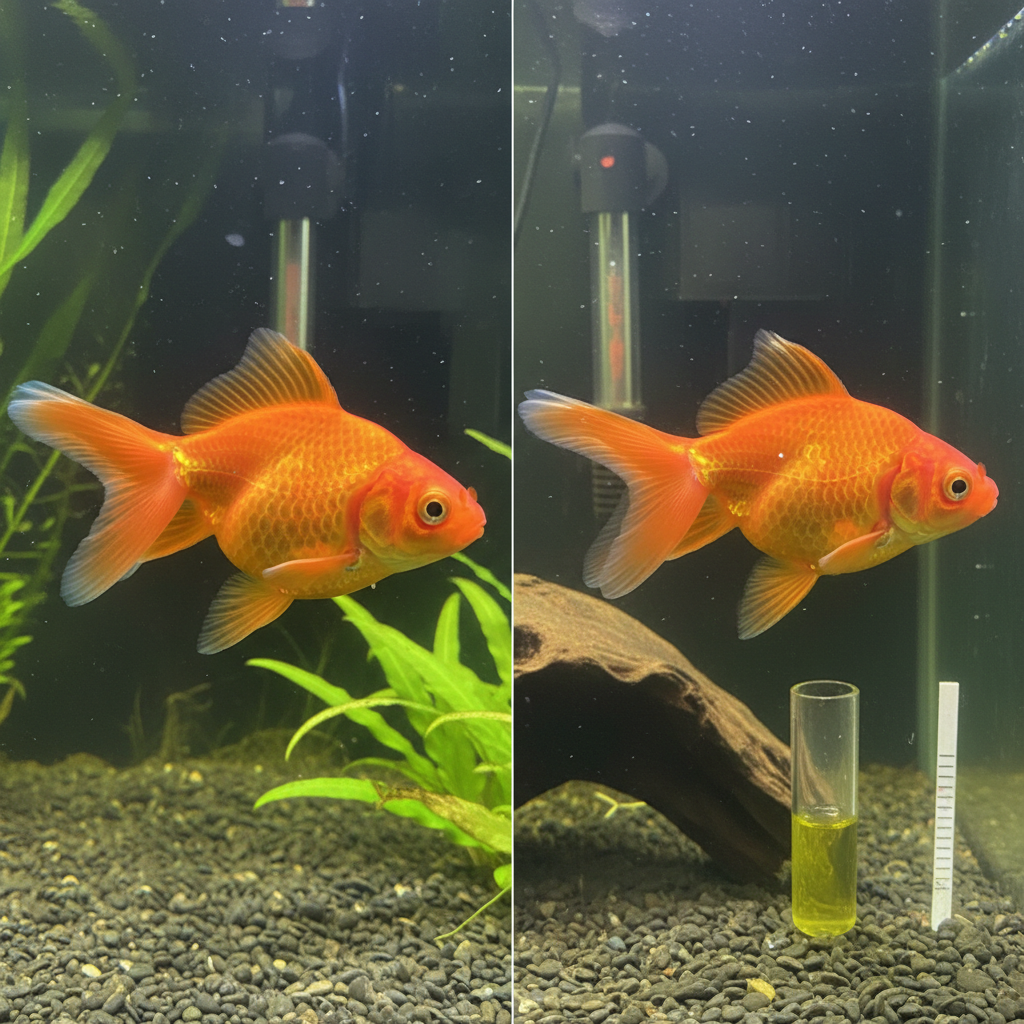 Healthy goldfish next to a goldfish with early signs of disease, illustrating visual identification