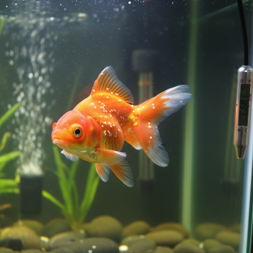 Goldfish with Ich (white spot disease) showing small white dots on body and fins