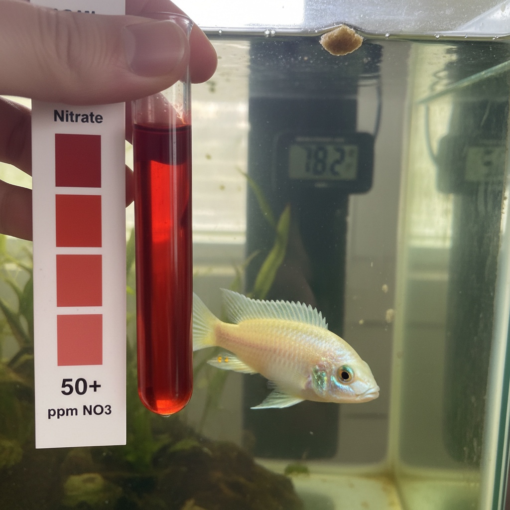 Aquarium test kit showing high nitrate levels with a fish in the background