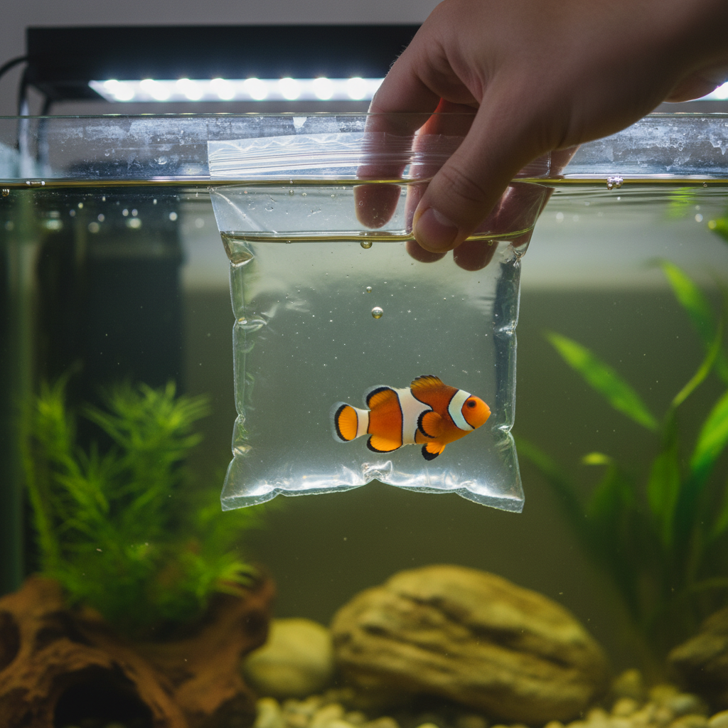 New fish in a sealed bag floating in an aquarium for temperature acclimation
