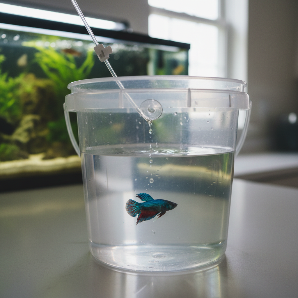 Drip acclimation setup with fish in a bucket and water slowly dripping from the main tank