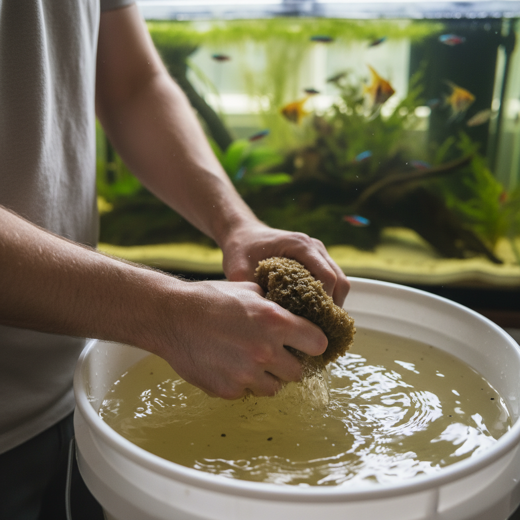 Fishkeeper rinsing dirty aquarium filter sponge in tank water to preserve beneficial bacteria