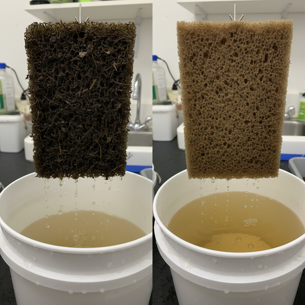 Comparison of dirty and rinsed aquarium filter sponge