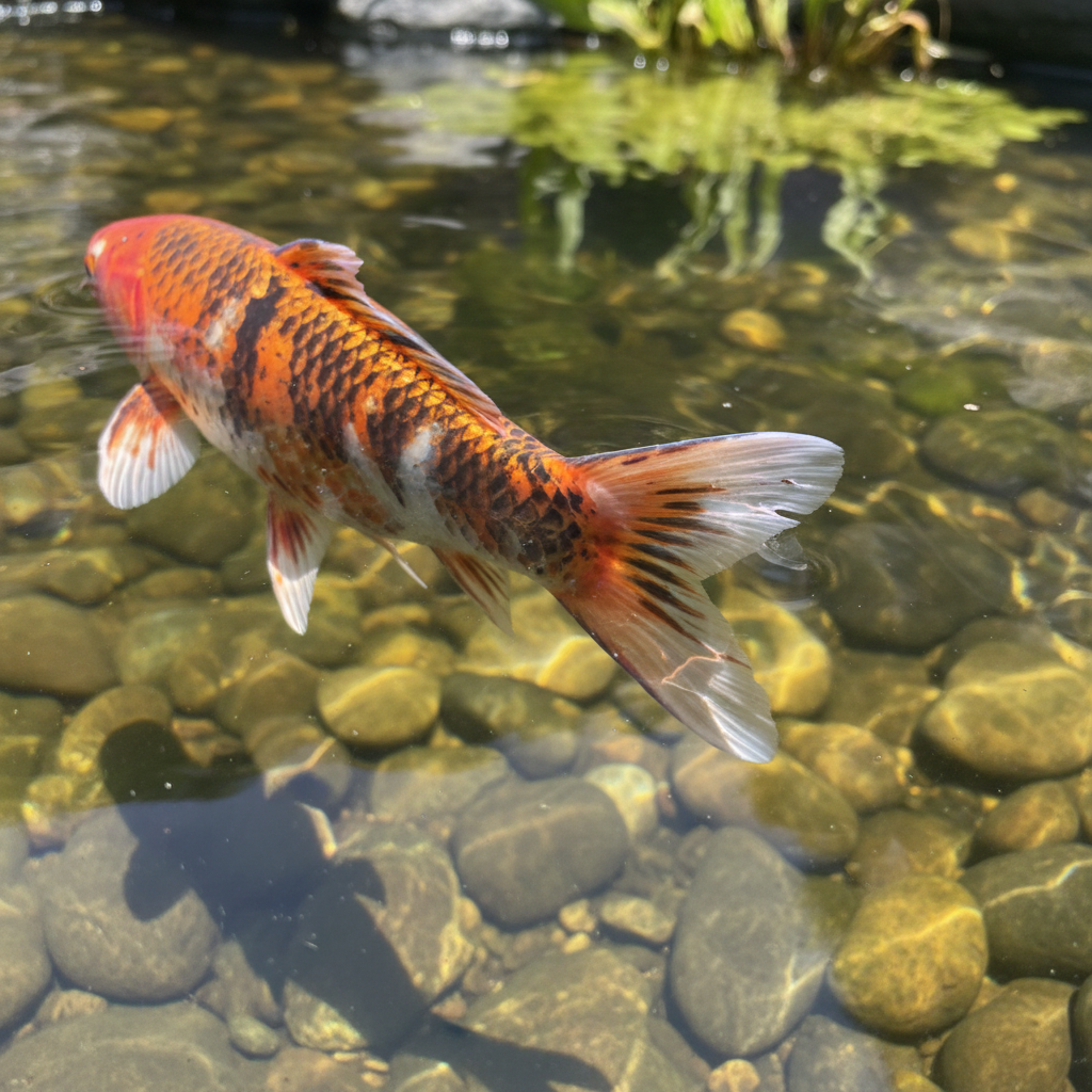 Koi fish with frayed fins, a symptom of fin rot