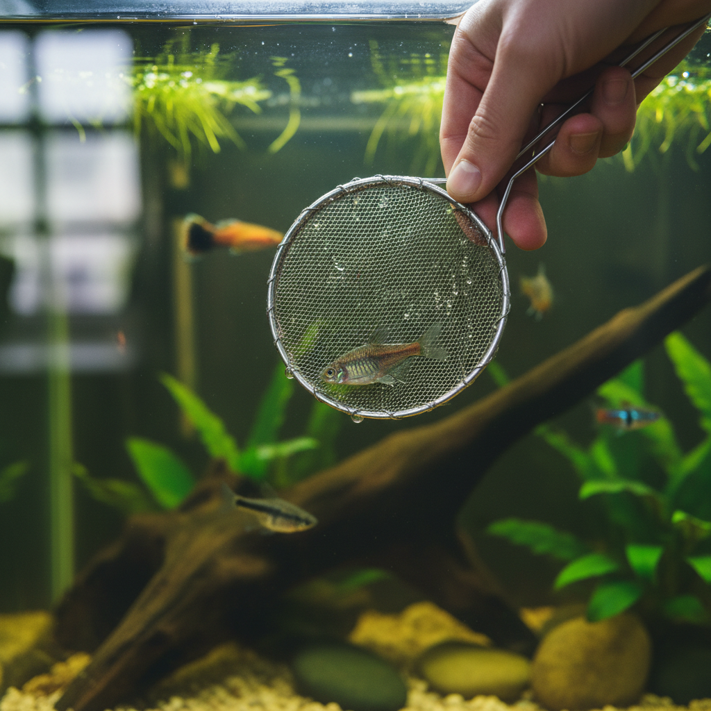 Person gently netting a deceased fish from an aquarium