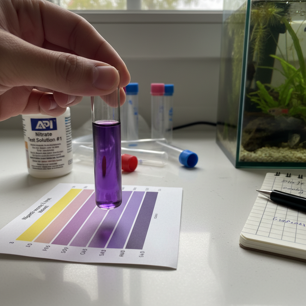 Aquarium water test kit showing results for ammonia, nitrite, and nitrate