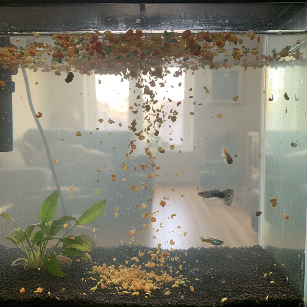 Uneaten fish food floating and sinking in a cloudy aquarium, a sign of overfeeding