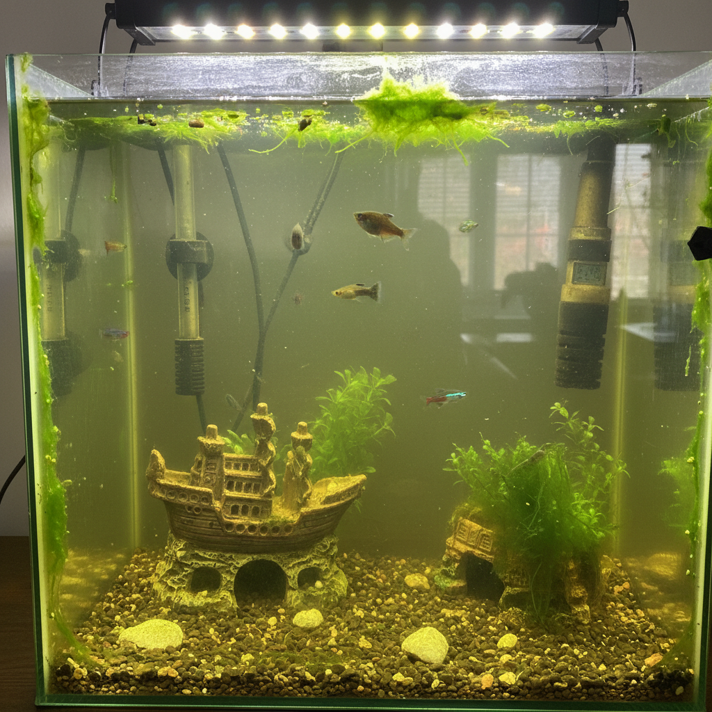 Aquarium with excessive green algae growth and cloudy water due to overfeeding