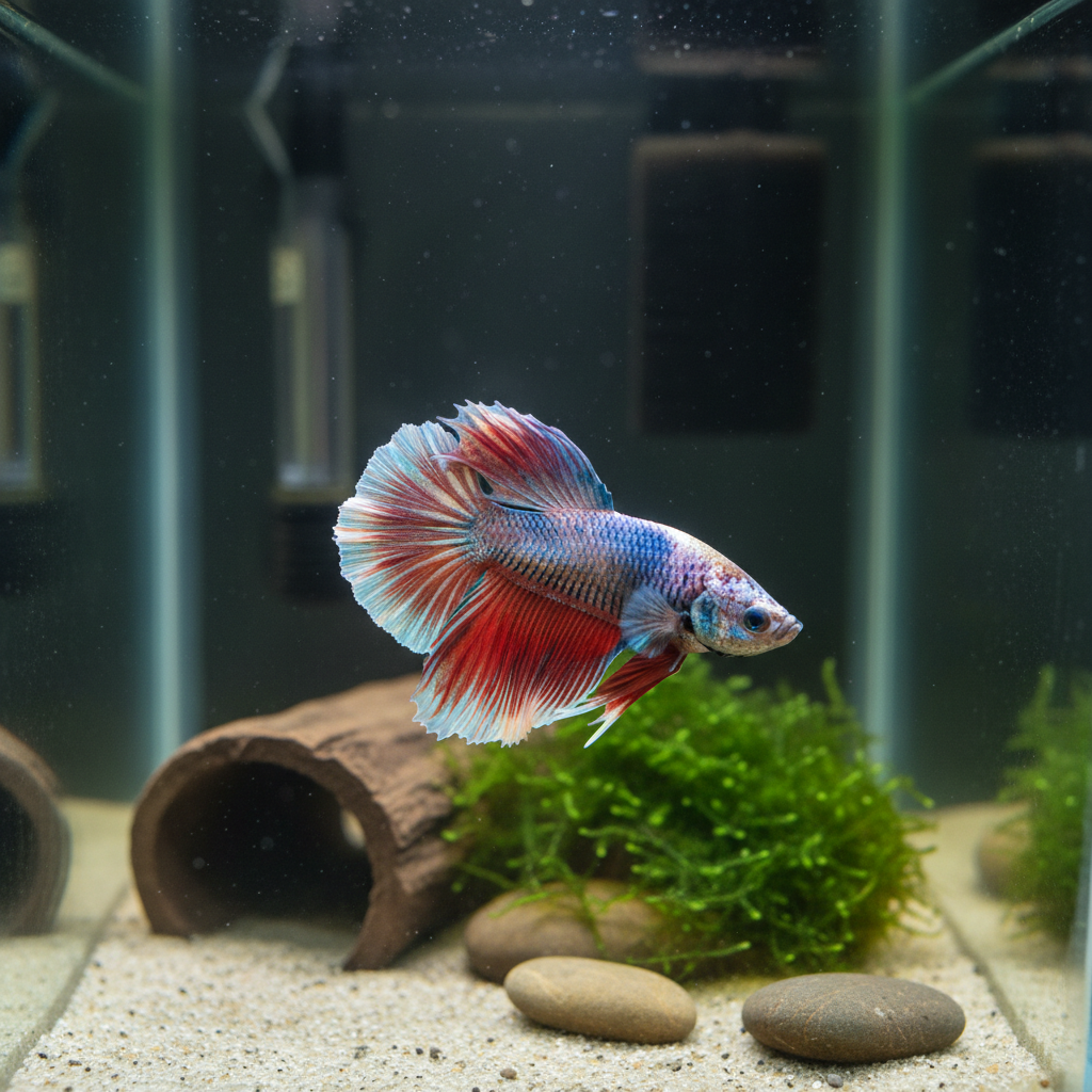 Stressed Betta fish with clamped fins and dull color