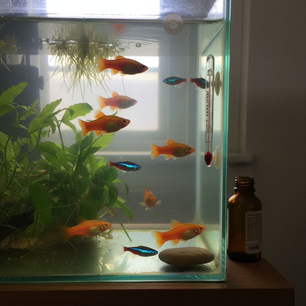 A healthy-looking freshwater fish with vibrant scales swimming in a clear aquarium, illustrating a fish without velvet diseas