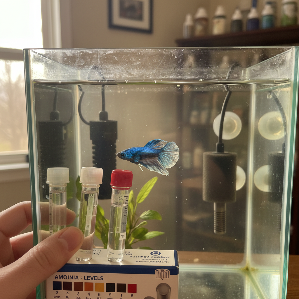 Close-up of a fish tank with a thermometer and water test strips, indicating health monitoring for velvet disease.