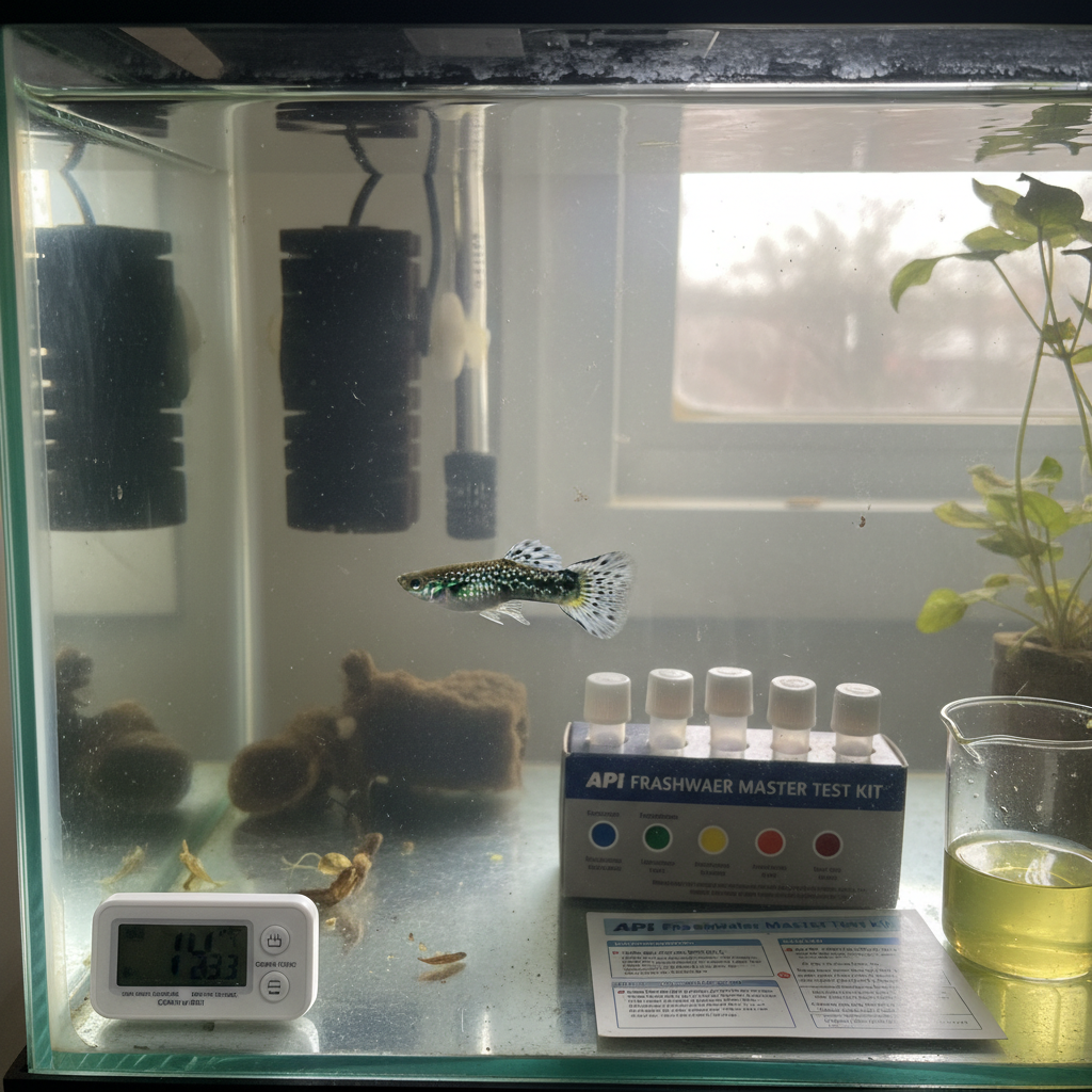 A clear freshwater aquarium with a healthy-looking fish swimming among green plants and natural rocks, under soft lighting.