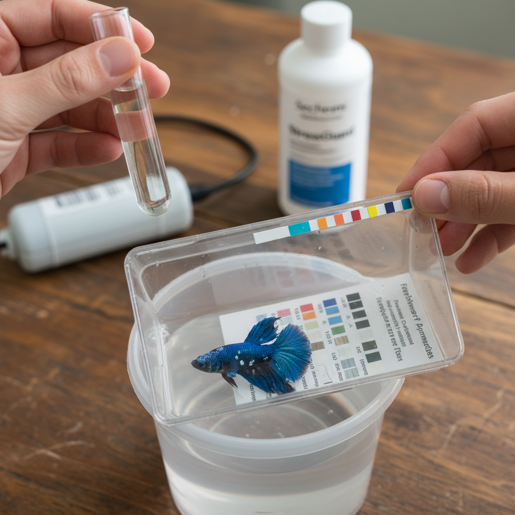 Close-up of a person using a water test kit to check the pH level of an aquarium, with fish swimming in the background.